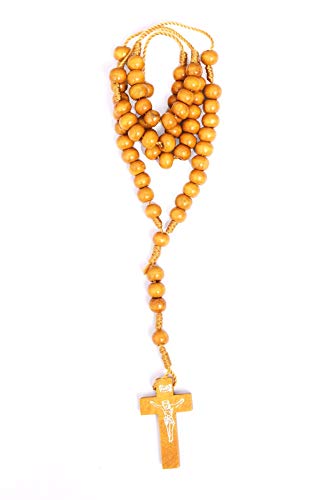 Takshila Gems® Jesus Crucifix Wooden Round Beads Necklace Jesus Rosary with Cross, Christian Wood Necklace, Holy Relic Blood Jerusalem