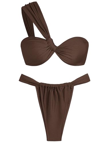 ZAFUL Women's One Shoulder Bikini Twisted Ruched High Cut Bandeau Bikini Set Two Piece Swimsuit4