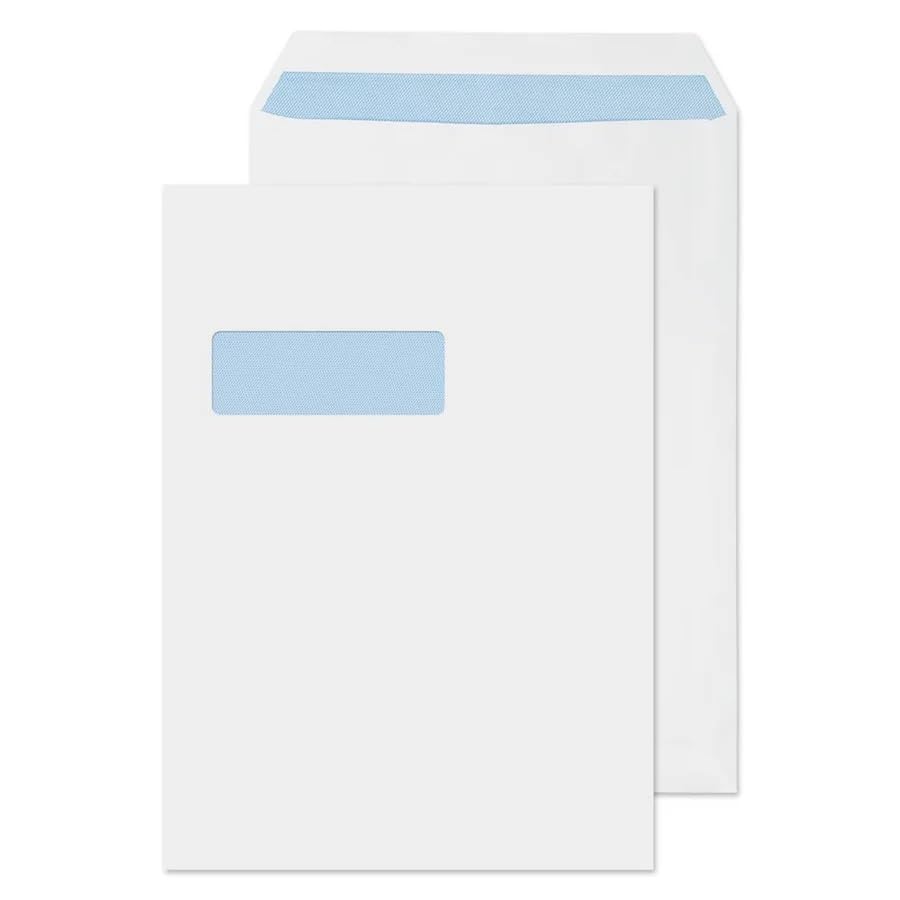 Indigo® C4 White Window Envelopes – Self Seal, 90gsm Premium Quality, 324x229mm A4 Size – Strong Eco-Friendly Mailing Envelopes for Home, Office & E-Commerce Postage – Pack of 100