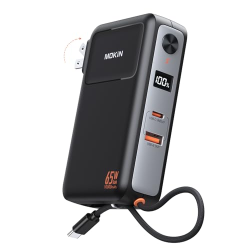 Portable Charger 3 in 1, 10000mAh Power Bank Built in Cable and AC Wall Plug 65W, Phone Battery Pack Fast Charging 35W Max, USB C Travel Chargers for iPhone 16 15 Series, Samsung, MacBook, Laptop