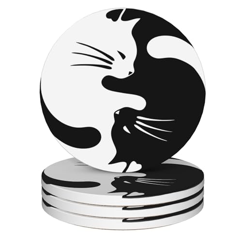 Coasters for Drinks,Black and White Cat Ying Yang Absorbent Coaster Set of 4 with Cork Base,Ceramic Drink Coasters for Cold Drinks Wine Glasses Cups Mugs,Housewarming Gifts for Home Decor