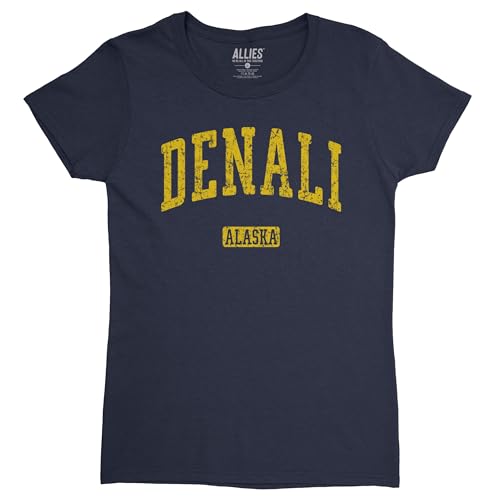 Denali Alaska Women’s T-Shirt | Vintage Retro Mountain Design | Travel Souvenir Gift - Navy Blue, Large
