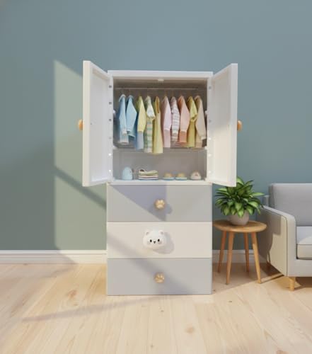 Image of KRISHYAM Kids Storage Cabinet with Drawers & Cupboard | Multi-Purpose Plastic Wardrobe Organizer for Nursery & Kids Room | Toy, Clothes & Accessories Storage (White & Pastel Blue) (Blue)