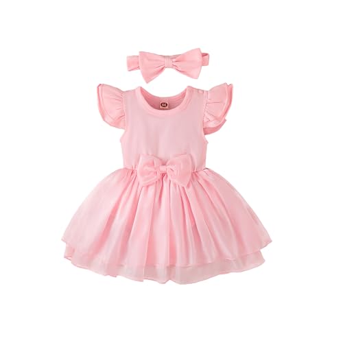 Baby Girls Tutu Dress Infant Ruffle Sleeve Bodysuit Newborn Solid Tulle Skirt Sets Butterfly Headband Romper Outfit