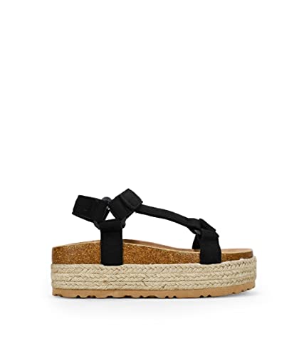 BOSANOVA Sandalias Deportivas confeccionadas en Ante con Suela de Plataforma de 5.5 cm en Esparto. Cierre de Pulsera al Tobillo con Velcro. Calzado para Mujer Negro 36