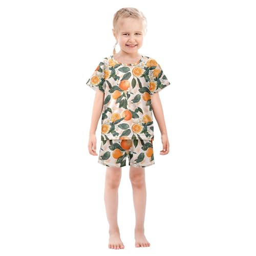 ALAZA Orange White Flower Lemon Watercolor Pajamas Set Short Sleeve Cotton Sleepwear Summer Pjs 2 Piece 5-14Y3