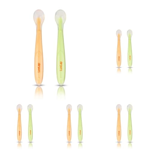 Image of LuvLap Baby Feeding Spoon Set of 2 with Ultra Supple 100% Silicone Tip,Bpa Free Material with Food Grade Silicone Tip,Self Feeding Utensil,Baby Weaning Spoon for Kids 4 Months+(Green&Pink),16 Cm