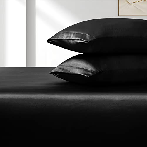 VACVELT 3pcs Extra Deep Pocket Satin Fitted Sheet Set Queen Bed Set, Black Bottom Sheet Fit 18-24 Inch Deep Pocket Mattress, Silky Bedding Set Soft & Ultra Deep Fitted Sheet & 2 Pillowcase - Image 8