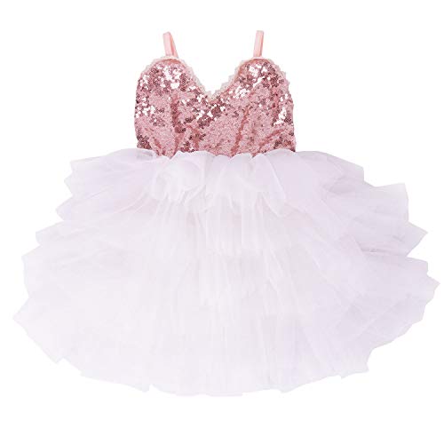 Cilucu Girls Dress Toddler Kids Party Dress Sequin Tutu Pageant Lace Dresses Gown for Flower Girl Baby Rose Gold/White 12 Months-2T