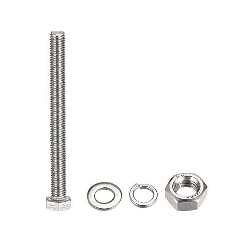 Image of uxcell M10 x 110mm Hex Head Screws Bolts, Nuts, Flat & Lock Washers Kits, 304 Stainless Steel Fully Thread Hexagon Bolts 6 Sets
