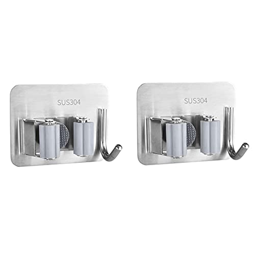 CHMYY 2 Piezas Soporte para Escobas,Soporte Escobas Pared de Acero Inoxidable,Autoadhesivo Sin Perforar Colgador de Fregonas con Ganchos para Hogar Cocina Baño Garajes