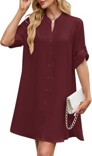 Image of PerZeal Womens Sexy V Neck Button Down Shirt Dresses Summer Short Sleeve Casual Loose Blouses & Button-Down Shifts Cover Ups