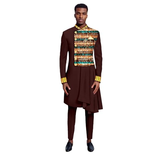 African Suits for Men Full Sleeve Chain Embroidery Single Breasted Print Blazer and Pants Set Formal Outfits