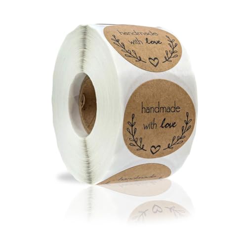 500pcs Pegatinas Etiqueta Adhesiva Pegatina Rollo, redondas, Kraft Handmade with Love Stickers Labels Roll para Sello Scrapbooking Regalo Bolsa Recuerdo Boda Fiesta Aniversario Cumpleaños