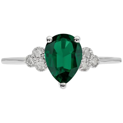 10k White Solid Gold Pear-shape Created Gemstone and Natural Diamond Birthstone Engagement Ring3