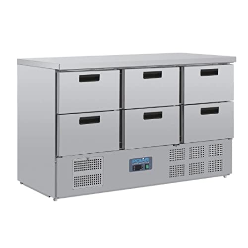 Polar Refrigeration G-Series 235W Six Drawer Counter Chiller Fridge, Stainless Steel, 2°C to 5°C, 870(H)x1370(W)x700(D)mm, 6x 1/1 Gastronorm Capacity Draws, Energy Rating D | CR711