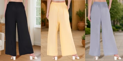 Image of Buy That Trendz Palazzo Pants for Women Rayon Elasticated Regular Fit Flared Wide Leg M to 6XL Pack of 3