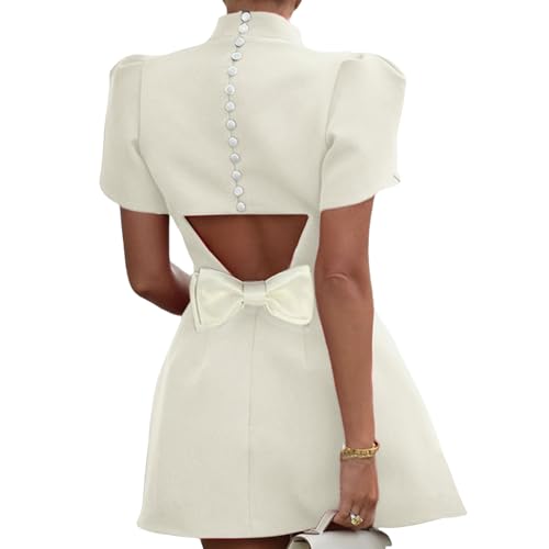 Image of AMPOSSTO Women's Elegant Bow Backless Hollow Out Mini Dress Turtleneck Short Sleeve Pad Shoulder Dresses for Party Cocktail