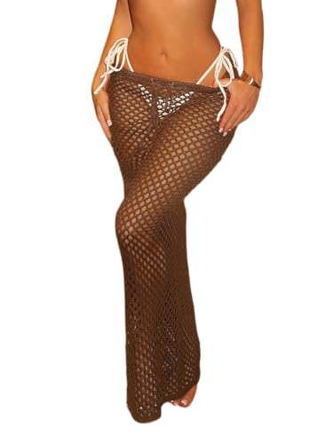 SISKIN Beach Coverups for Women 2026 Mermaid Net Fishnet Siren Bodycon Skirt Knitted for Vacation Brown M