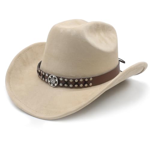 Image of Cowboy Hat for Women Men Wide Brim Western Cowgirl Hat Roll up Brim with Belt Buckle Classic Suede Country Cowboy Hat