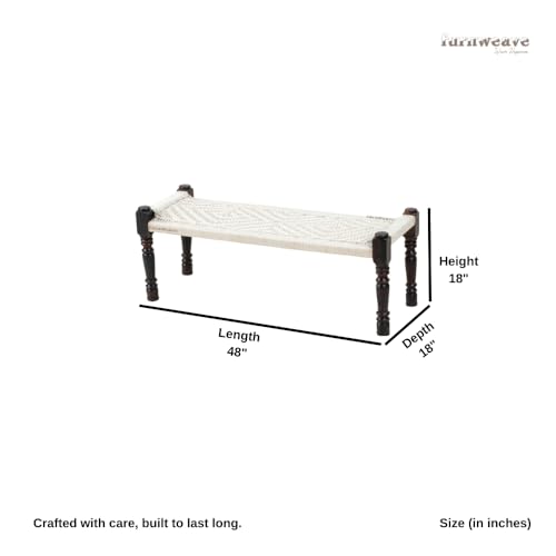 Image of Wooden Bench for Seating | Handcrafted Sheesham Wood Bench for Living Room, Balcony & Garden | Traditional Patio for Outdoor with Cotton Handwoven Rope | White