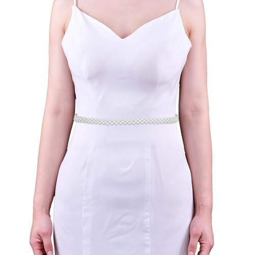 Skinny Wedding Pearl Waist Belt, Bridal Belt Wedding Pearl Waist Belts White Ribbon Belts Adjustable White Ribbon Pearls Accessories for Gowns Formal Dress Women Girls Bridals Bridesmaid