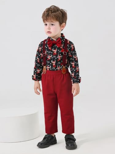 Image of Boarnseorl Baby Boys Pants Sets, Infant Long Sleeve Shirt + Pants + Bow Tie + Suspenders Outfits
