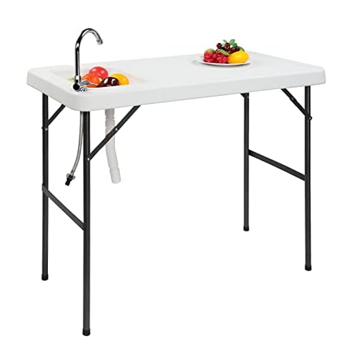 Outvita Fish Cleaning Table, Folding Portable Camping Table with Sink Stainless Steel Faucet Drainage Hose for Garden Patio Backyard BBQ White