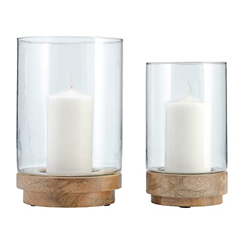 Sagebrook Home Set of 2 Pillar Candle Holders with Glass Hurricane Covers & Wooden Base - Rustic Home Decor for Living Room, Bedroom & Office - 11