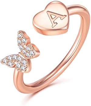 GLISHIVER Initial Rings for Women Teen Girls, Rose Gold Plated Butterfly Capital Letter Initial Rings for Women Teens Girls Letter Rings Alphabet Rings for Girls Teen Girls (A)