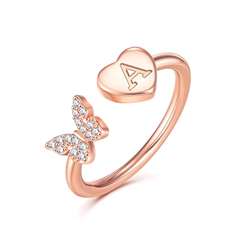 Stackable Initial Rings for Women, Rose Gold Plated Butterfly Capital Letter Rings for Teens, Girls