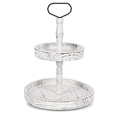 2 Tiered Tray Stand for Home Decor, Farmhouse Decorative Tray, Round Serving Tray, Decorative Trays Kit with Metal Handle for Kitchen Dinning Table Home Seasonal Holiday Decorations Shelf, White