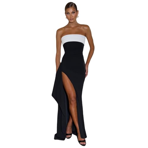 Image of Women's Sexy Strapless Backless High Split Long Maxi Dress Ruched Off Shoulder Sleeveless Bodycon Party Cocktail Dresses
