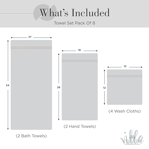 Image of Villa Celestia 8-Piece 100% Cotton Towel Set, 2 Bath Towels, 2 Hand Towels, 4 Wash Cloth, Quick-Dry, White
