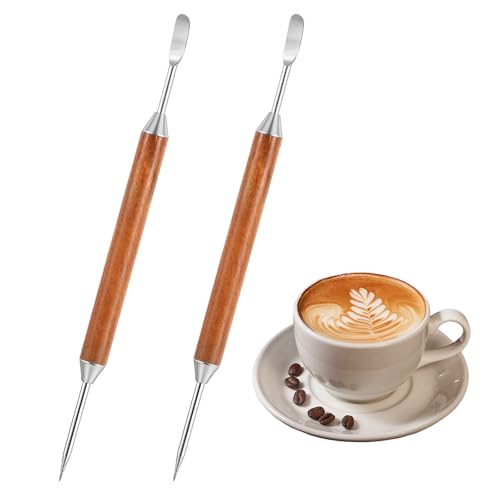 YQQYG 2 Pack Latte Art Tools, Stainless Steel Coffee Drawing Tool with Wood Handle, Barista Tools for Espresso Designs, Home and Cafe Use