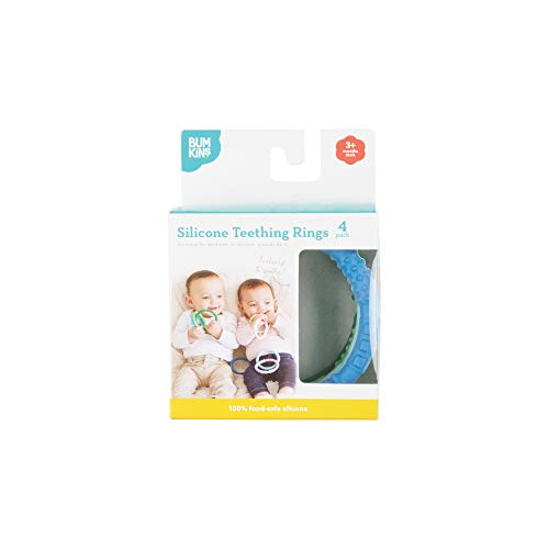 Image of Bumkins Baby Teething Freezer Toy Keys Rings, Soft Flexible Pacifier to Chew, Cool Teether Gum Relief, Babies 3 Months, Freezable, Platinum Cured Silicone, Sensory Bracelet, 4-pk Blue and Green