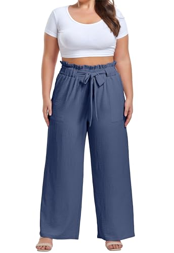 Image of OLRIK Women's Plus Size Pants Adjustable High Waisted Wide Leg Palazzo Pants Casual Trousers with Pockets Spring Clothes