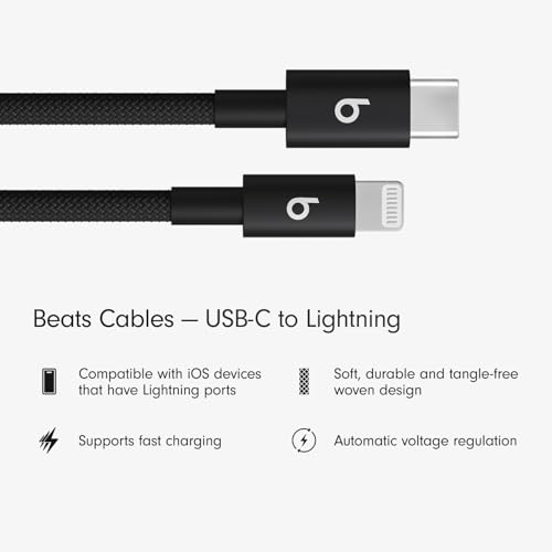 Image of Beats USB-C to Lightning Woven Cable Fast Charging Durable /Tangle-Free Compatible Charger for Apple Devices w Lightning Ports (1.5 m, 5 ft) - Bolt Black, (Pack of 2)