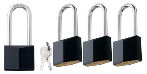 Image of 4-Pack Keyed Alike Locks, Black Covered Brass Keyed Padlock with Stainless Steel Long Shackle, 1-9 /16 Inch Lock Body, Rustproof Locks for Gate Fence Hasp Cabinet Toolbox Gym or School Locker