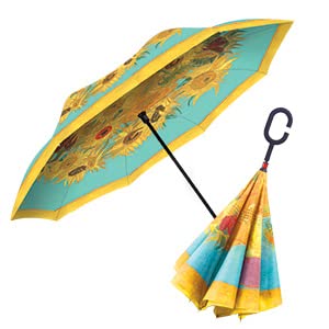 RainCaper Reverse Inverted (inside-out) Windproof Fine Art van Gogh Sunflowers Reverse-opening Upside Down Umbrella with C-shaped Handsfree Handle