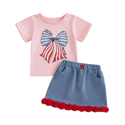 4th of July Baby Girl Outfit Bow American Flag Shirt Tops A-line Skirt Set Toddle Girls Independence Day Clothes (Pink, 2-3T)