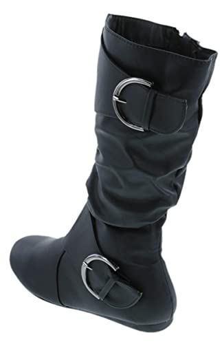 Image of Forever Link Women's Klein-70 Closed Round Toe Buckle Slouch Flat Heel Mid-Calf Boot