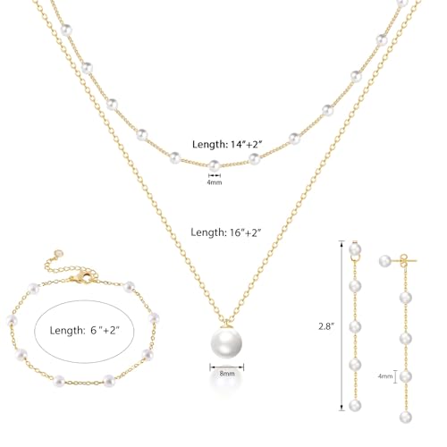 Image of Zeffy Gold Pearl Necklace for Women, Dainty 14K Gold /Silve Plated Layered Pearl Choker Pearl Earrings Pearl Bracelets Wedding Trendy Gold Jewelry Set for Women Gifts