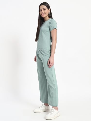 Image of Vogaan Women's Summer 2 Piece Co-Ord Set for Women Casual Short Sleeve Crop Top Wide Leg Sweat Pants for Travel Vacation Outfits Lounge Sets