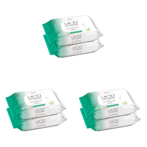 Image of Lacto Calamine Daily Cleansing Facial Wipes 25N Each - Pack of 6 | Wet Wipes for Face with Aloe Vera, Cucumber & Vitamin E | Makeup Remover Wipes| Hydrating,Refreshing, Soothing|Paraben & Alcohol Free