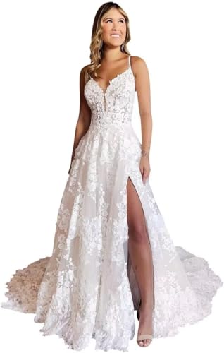 Lace Applique Wedding Dresses for Bride Spaghetti Straps V Neck Bridal Dress Backless Bridal Gown with Slit
