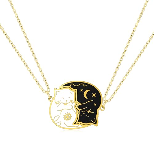 HANRESHE Cat Friend Necklace Matching Cat 2 Couple 14K Gold Plated Pendant Jewelry for Women