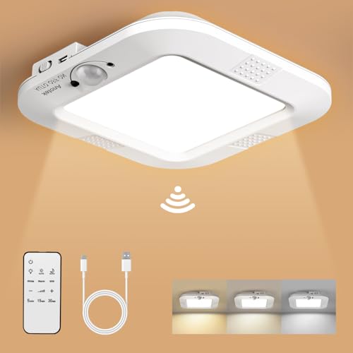 Rechargeable Motion Sensor Ceiling Light, No Wiring Battery Operated Ceiling Light with Remote, Wireless Motion Activated Shower Light Battery Powered for Bathroom Pantry Hallway Porch