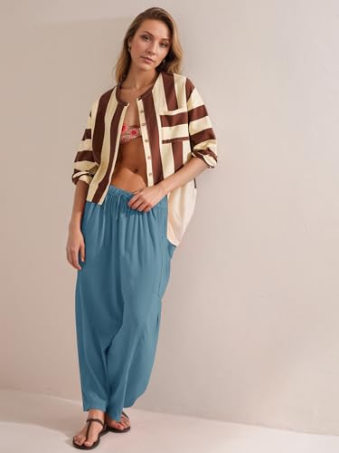 Womens Linen Wide Leg Palazzo Pants Casual Loose Elastic Drawstring Flowy Pant 2025 Travel Baggy Pocket Harem Pants4