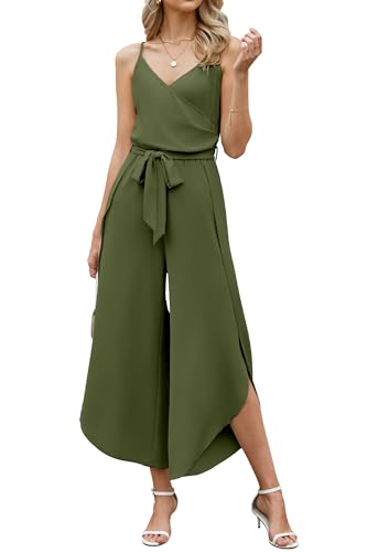 ECOWISH Women Long Pants Jumpsuit: Spaghetti Strap Casual Loose Wide Leg Romper Summer V Neck Flowy Solid Overalls with Belt 500 Army Green M